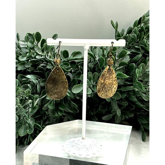 Brass Tone Tear Drop Shape Earrings With Hammered Finish - Picture 4 of 5